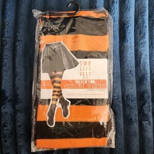 NWT Two Left Feet Wicked Cool Thigh Highs Orange Black Striped Halloween Tights